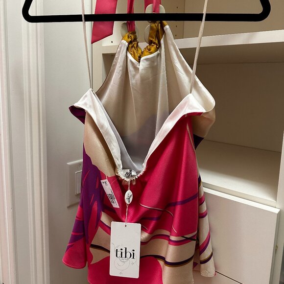 TIBI Floral Printed Embellished Silk Tunic Halter neck Sleeveless Top Size 6 - Picture 2 of 5